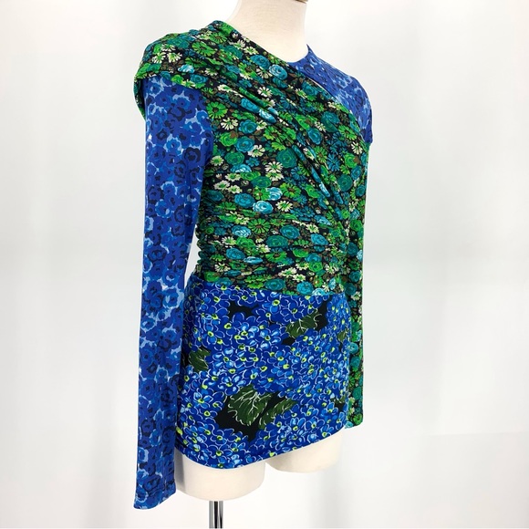 Zara NWOT Draped Blue and Green Printed Colour-blocked Long Sleeve Top, XS - Picture 11 of 16